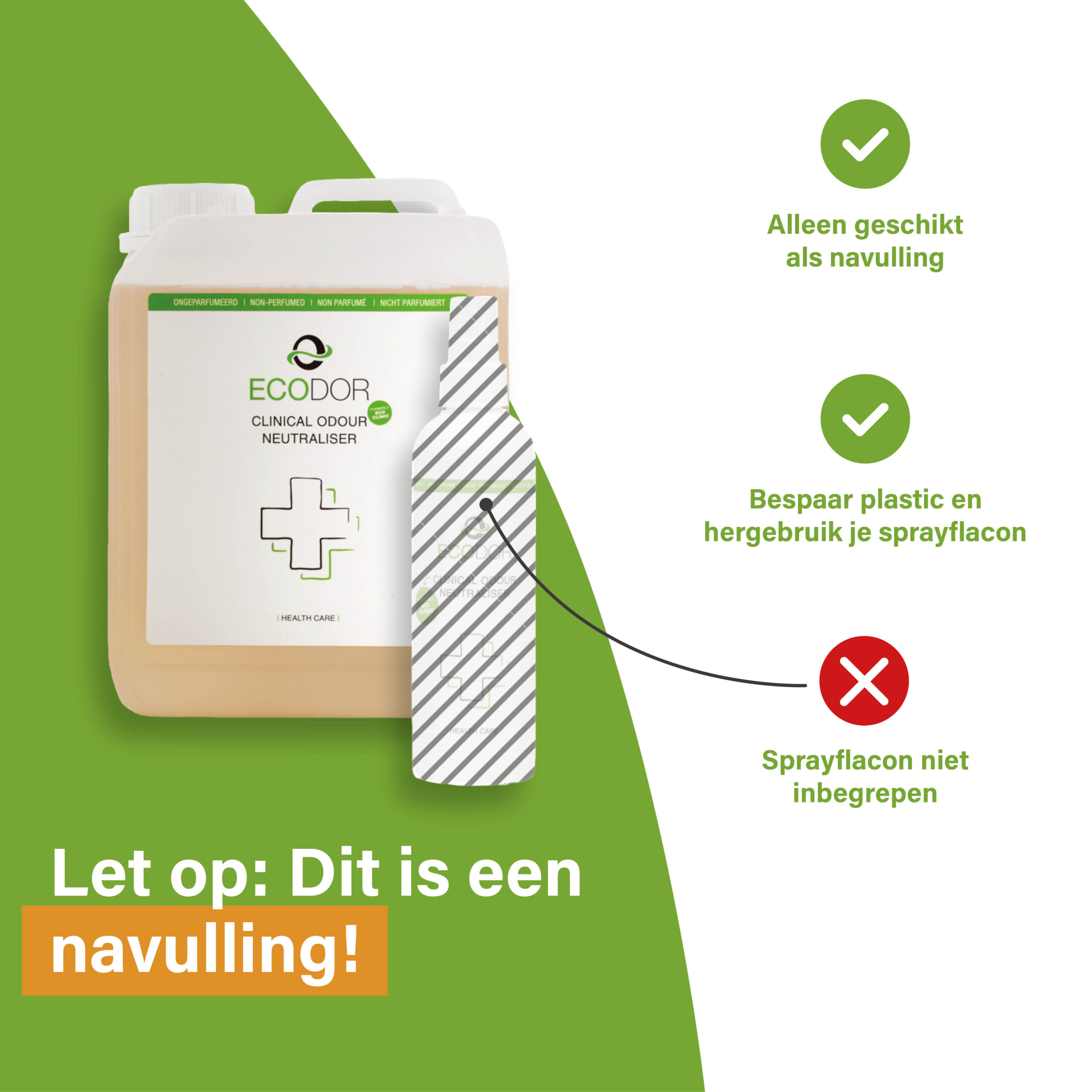 EcoClinic navulling in jerrycan met waarschuwing dat de sprayflacon niet is inbegrepen.