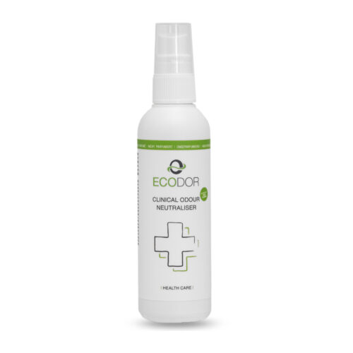 Fles Ecodor EcoClinic 0.1 liter reisformaat, een compacte geurneutralisator voor de gezondheidszorg.