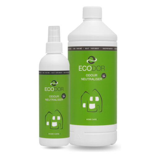 Ecodor EcoHome – 0,25L kant-en-klaar sprayflacon en 1L navulfles voor duurzame en effectieve geurverwijdering in huis.