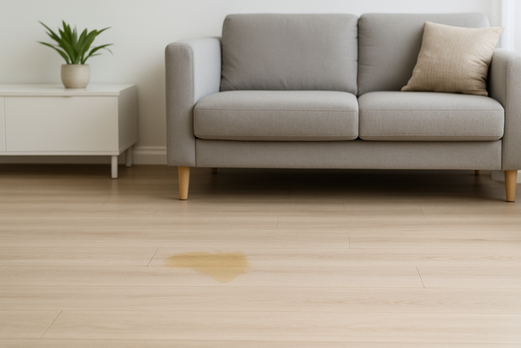 Urinevlek op een licht houten vloer in een moderne woonkamer met een grijze bank en een plantenpot op de achtergrond.