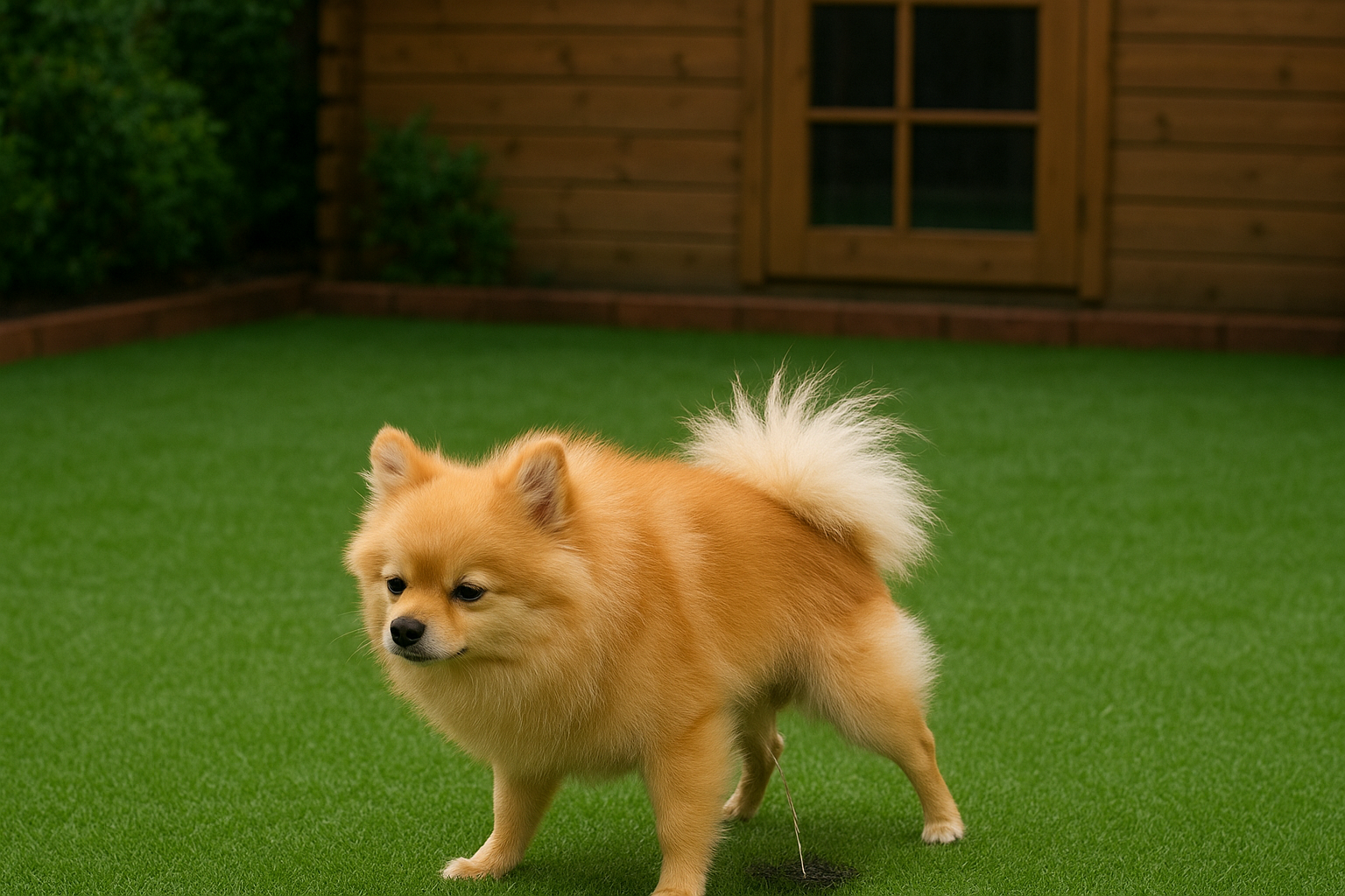 Hond plast op kunstgras in de tuin