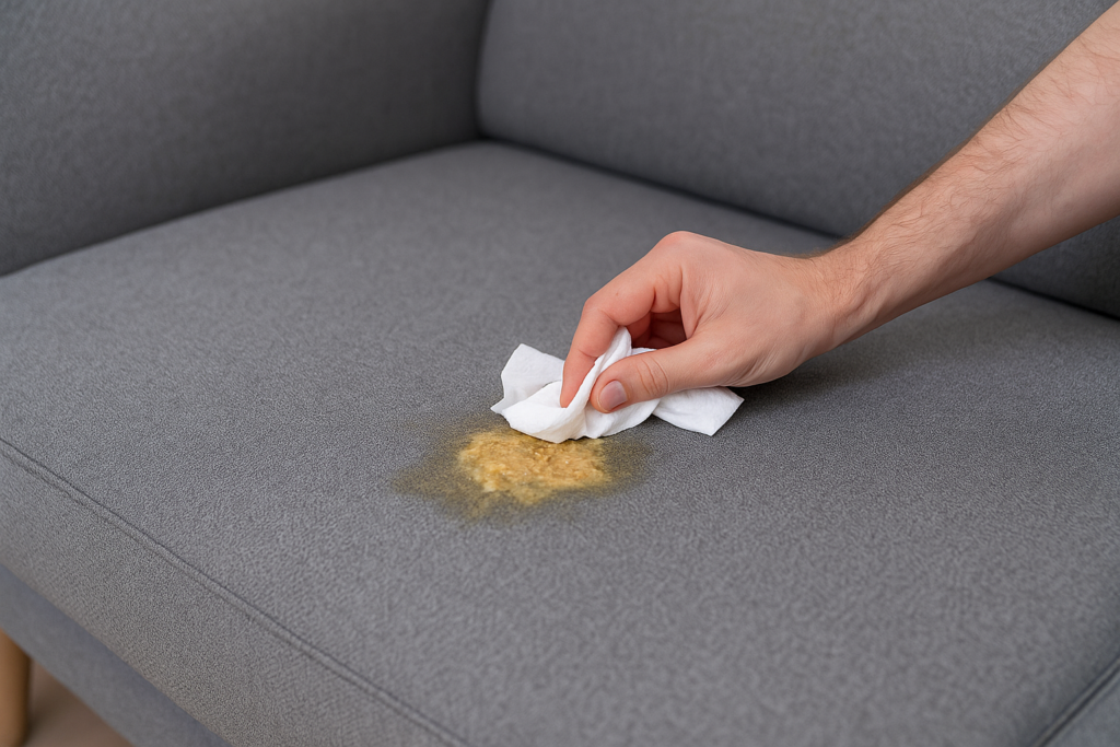 Hand die braaksel op een grijze stoffen bank opdept met een doekje.