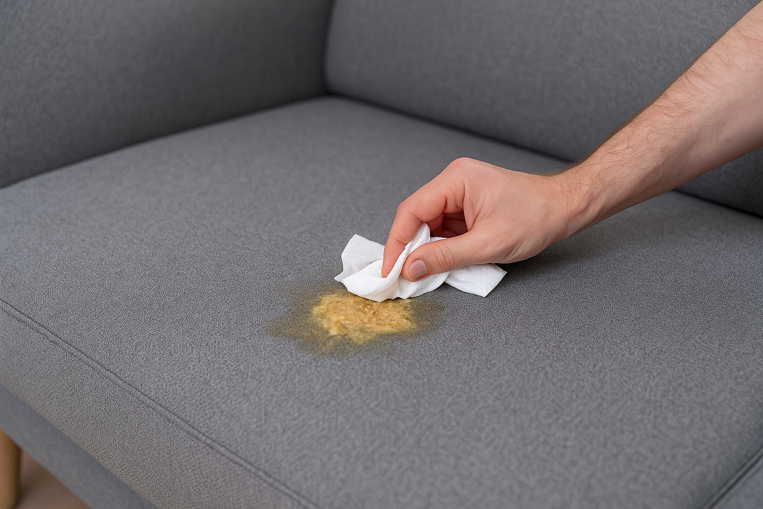 Hand die braaksel op een grijze stoffen bank opdept met een doekje.