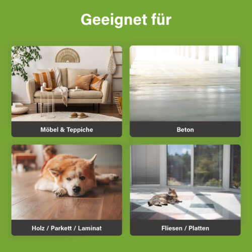 Overzichtsafbeelding die toont op welke oppervlakken UF2000 4Pets gebruikt kan worden: meubels en tapijten, beton, hout/parket/laminaat en tegels/plavuizen.