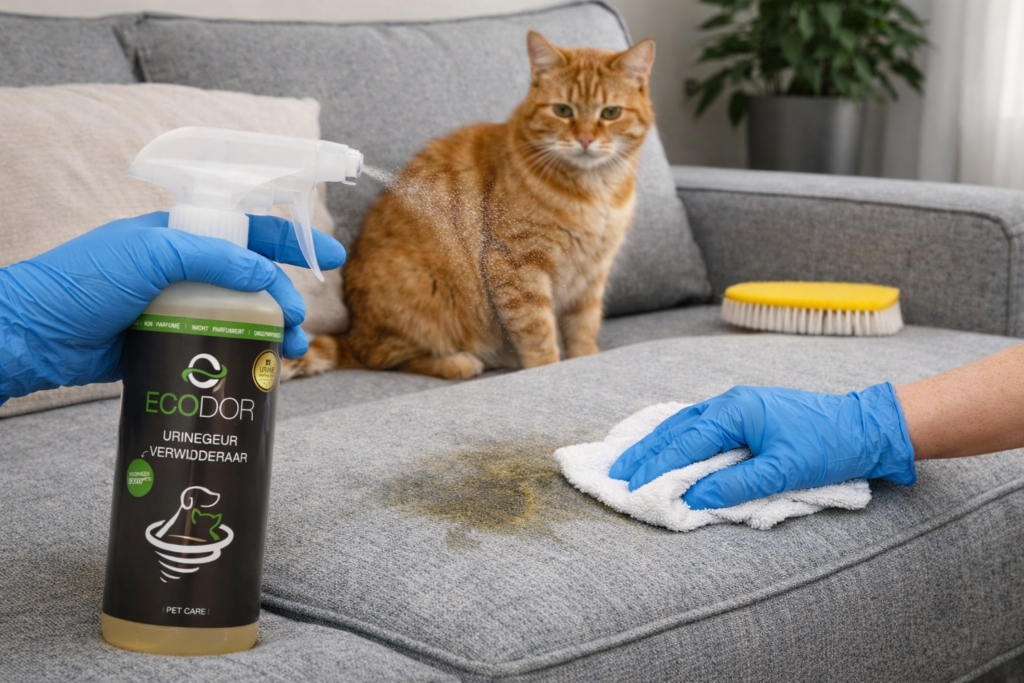 Kattenurine geur verwijderen uit bank met Ecodor urinegeur verwijderaar spray en doek