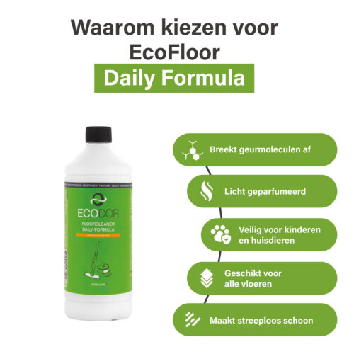 Infographic van Ecodor EcoFloor Daily Formula met de belangrijkste voordelen: breekt geurmoleculen af, licht geparfumeerd, veilig voor kinderen en huisdieren, geschikt voor alle vloeren en streeploos schoon resultaat.