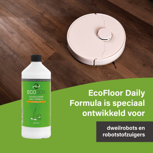 Ecodor EcoFloor Daily Formula naast een robotstofzuiger met dweilfunctie op een houten vloer. Speciaal ontwikkeld voor gebruik in dweilrobots en robotstofzuigers.