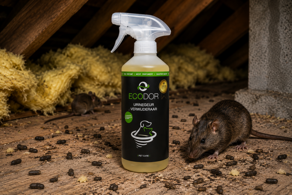 Ecodor UF2000 Urinegeur Verwijderaar in een zolder met muizen, rattenkeutels en isolatiemateriaal. Geschikt voor het verwijderen van geuren veroorzaakt door urine en uitwerpselen van muizen en ratten.