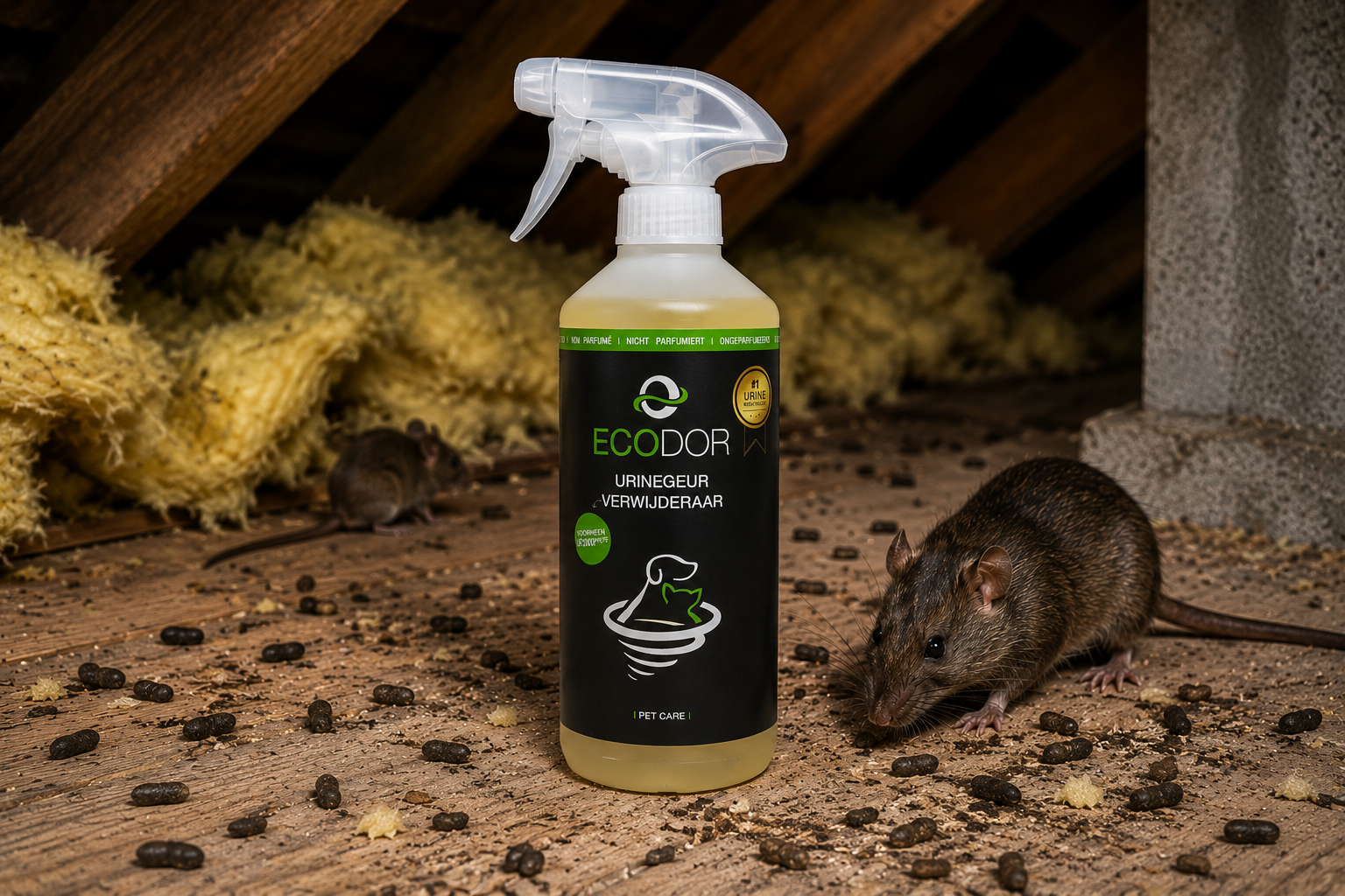 Ecodor UF2000 Urinegeur Verwijderaar in een zolder met muizen, rattenkeutels en isolatiemateriaal. Geschikt voor het verwijderen van geuren veroorzaakt door urine en uitwerpselen van muizen en ratten.
